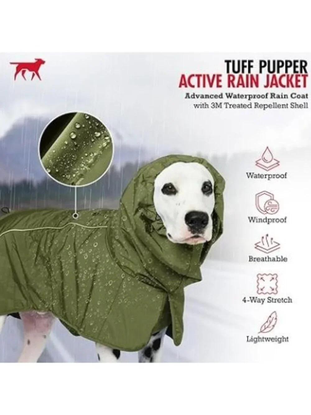 Tuff‎ Pupper Dog Raincoat Reflective Trim Medium Green Waterproof Adjustable